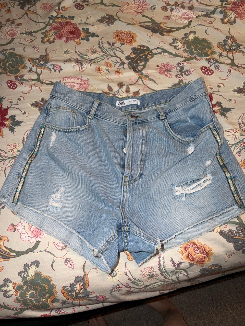 ZARA Light Blue Distressed Denim Shorts with Sequin Side Trim